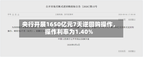 央行开展1650亿元7天逆回购操作，操作利率为1.40%