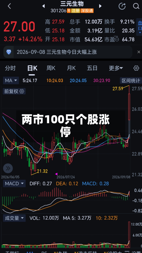 两市100只个股涨停