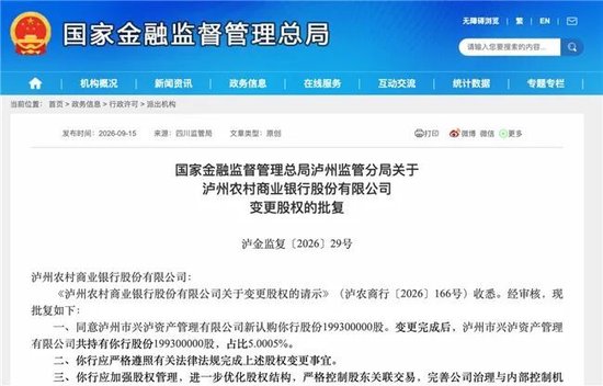 泸州农商银行获批增资至39.8亿元	，泸州老窖集团、兴泸资产认购，持股均超5%